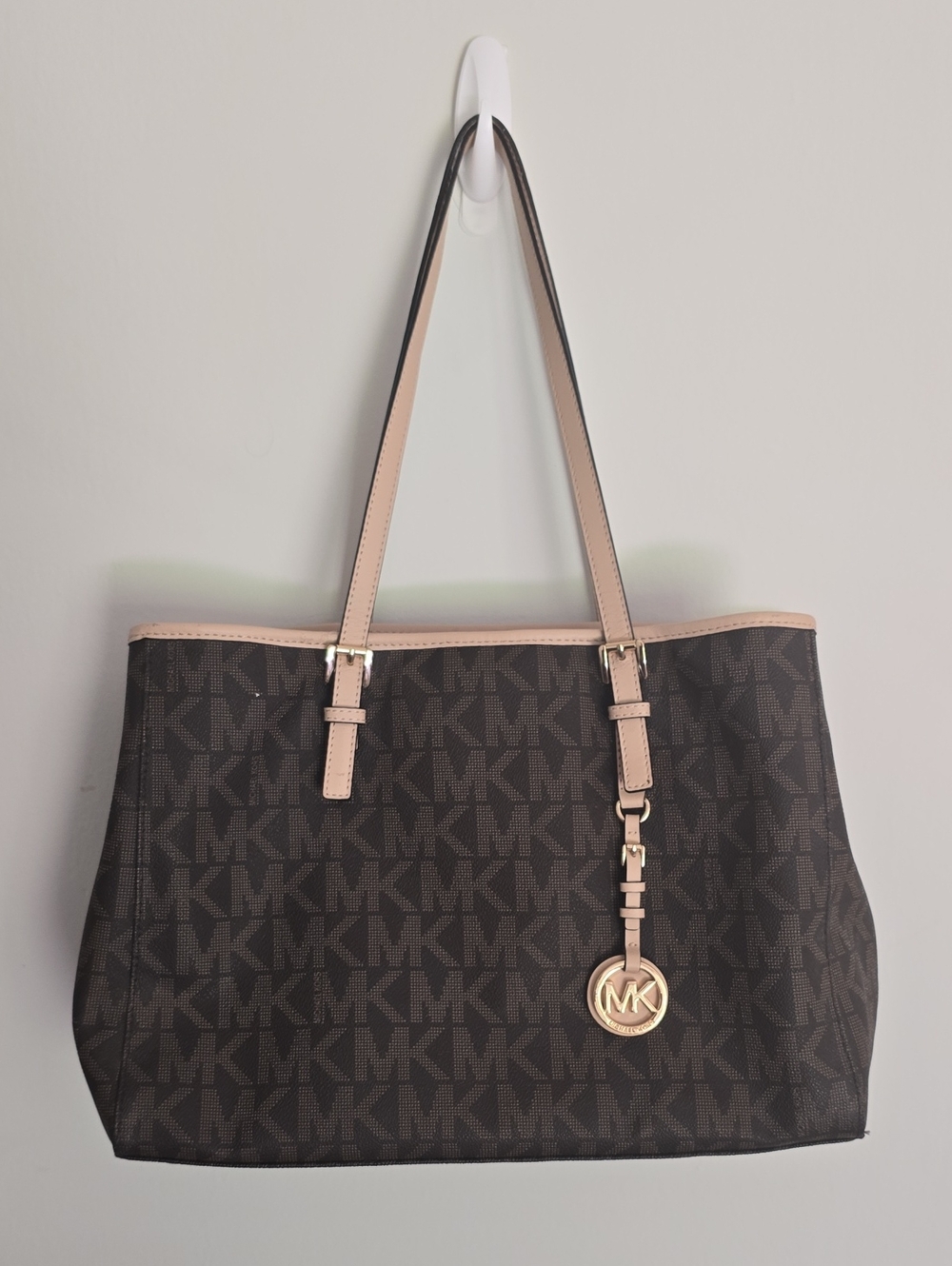 Michael Kors Dark Brown Signature Tote with Light Tan Trim